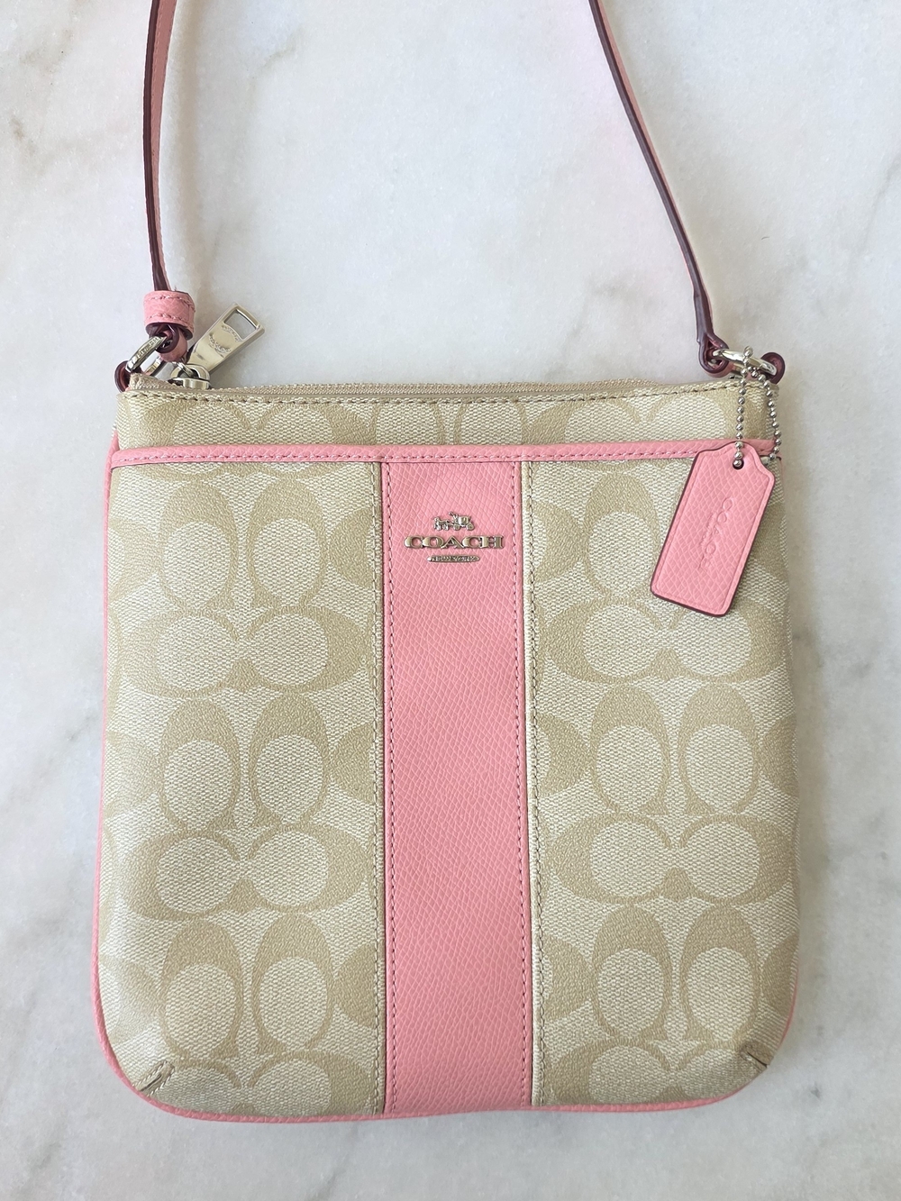 ​COACH Signature Canvas Leather File Bag Crossbody Khaki Pink F52856
